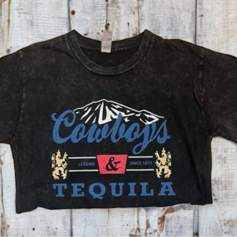 Women’s Cowboys & Tequila Black Graphic crop top shirt. 100% cotton
